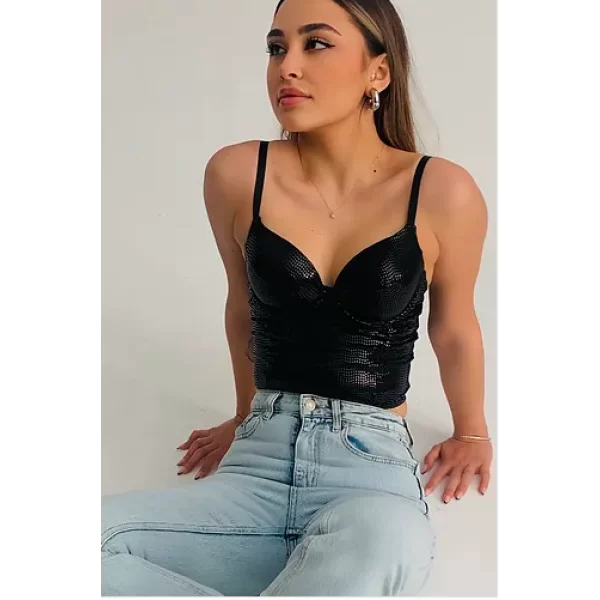 Baskılı Soft Lycralı Crop Top Balenli Push Up