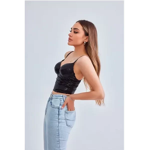 Baskılı Soft Lycralı Crop Top Balenli Push Up