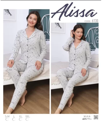 Alissa 6130 Kadın Gri Yıldızlı Uzun Kol Patlı Pijama Takımı