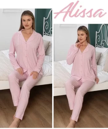 Alissa 6139 Kadın Pembe Uzun Kol Patlı Pijama Takımı