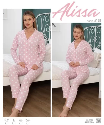 Alissa 6140 Bayan Pudra Puanlı Patlı Uzun Kol Pijama Takımı