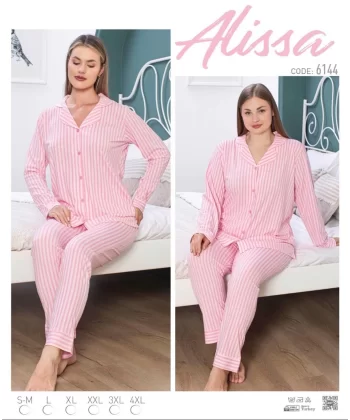 Alissa 6144 Bayan Pembe Çizgili Patlı Uzun Kol Pijama Takımı