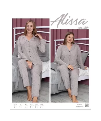 Alissa 6149 Bayan Önü Düğmeli Puantiye Desenli Pijama Takımı