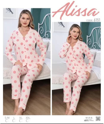 Alissa 6151 Bayan Somon Puanlı Patlı Uzun Kol Pijama Takımı