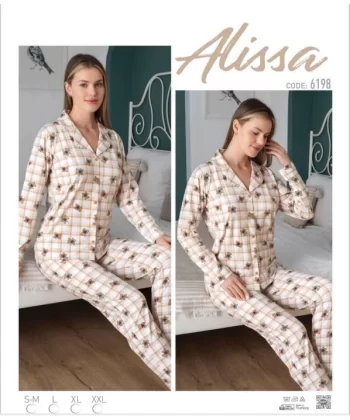 Alissa 6198 Bayan Önü Düğmeli Ayıcık Desenli Uzun Kol  Pijama Takımı