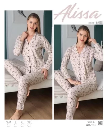 Alissa 6200 Bayan Önü Düğmeli Desenli Pijama Takımı