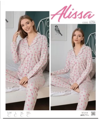 Alissa 6204  Bayan Önü Düğmeli Flamingo Desenli Pijama Takımı