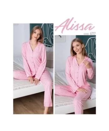 Alissa 6217 Bayan Önü Düğmeli Çizgili Uzun Kol  Pijama Takımı