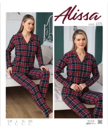 Alissa 6225  Bayan Önü Düğmeli Ekose Desenli Pijama Takımı