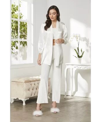 Pierre Cardin 2050 Kadife Saten 3lü Kadın Croplu Pijama Takımı