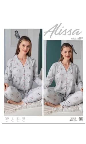 Alissa 6199 Bayan Önü Düğmeli Desenli Pijama Takımı