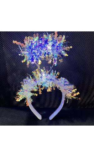 Beyaz Renk Gümüş Işıltılı Püsküllü Led Işıklı Parlak Hologramlı Taç 25x12 Cm