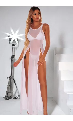 Beyaz Yanlardan Yırtmaçlı Uzun Fantezi Sexi Fantezi Gecelik Model 68000b