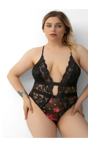 Büyük Beden Seksi Kadın Çiçek Detaylı Babydoll Gecelik