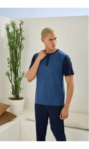 Erkek 2205 Erkek  Battal Midi Yaka Pijama Takım