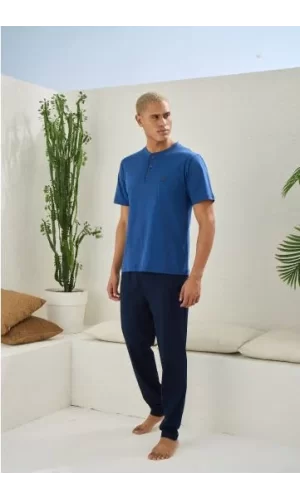 Erkek 2207 Erkek  Battal Midi Yaka Pijama Takım