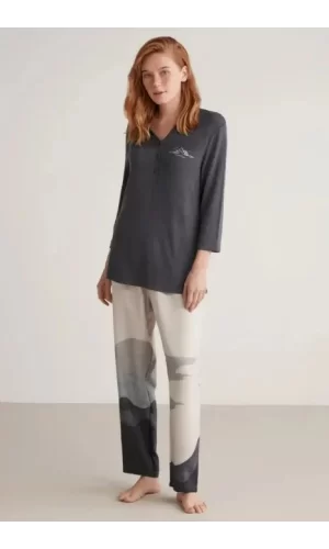 Nautıca W604 Kadın Patlı V Yaka Uzun Kollu Pijama Takımı