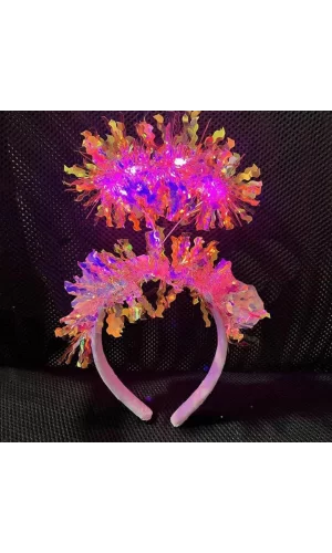 Pembe Renk Pembe Işıltılı Püsküllü Led Işıklı Parlak Hologramlı Taç 25x12 Cm