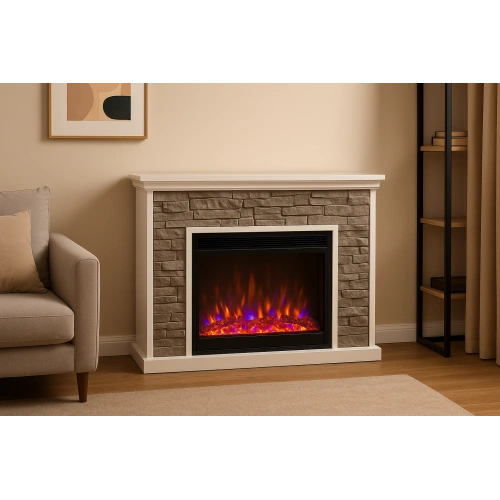 30 CM MDF 3D Taşlı Dekoratif Şömine – 8 Renkli Alev, Gerçekçi Ses Efekti, WiFi Akıllı Kontrol