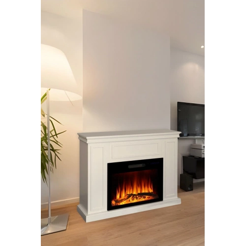 Dekoratif Beyaz Kasalı 118 Cm Renkli Elektrikli Şömine Bluetooth, Alev Sesi, Wifi Isıtıcılı