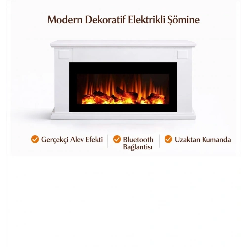 TEK TES 136CM ISITMAZ TEK RENKLİ BEYAZ KASALI BLUETOOTHLU ŞÖMİNE