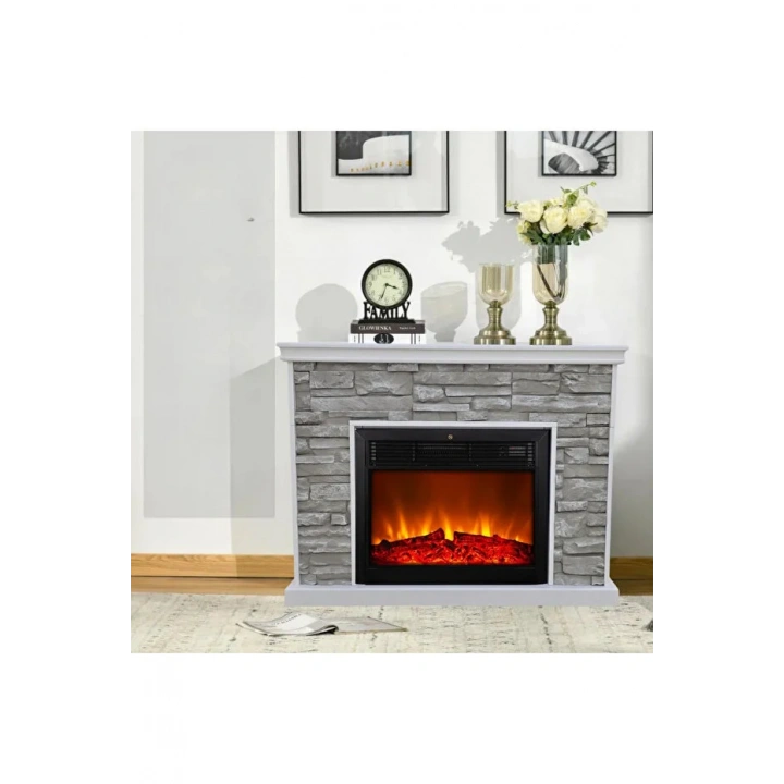 30 CM MDF 3D Taşlı Dekoratif Şömine – 8 Renkli Alev, Gerçekçi Ses Efekti, WiFi Akıllı Kontrol