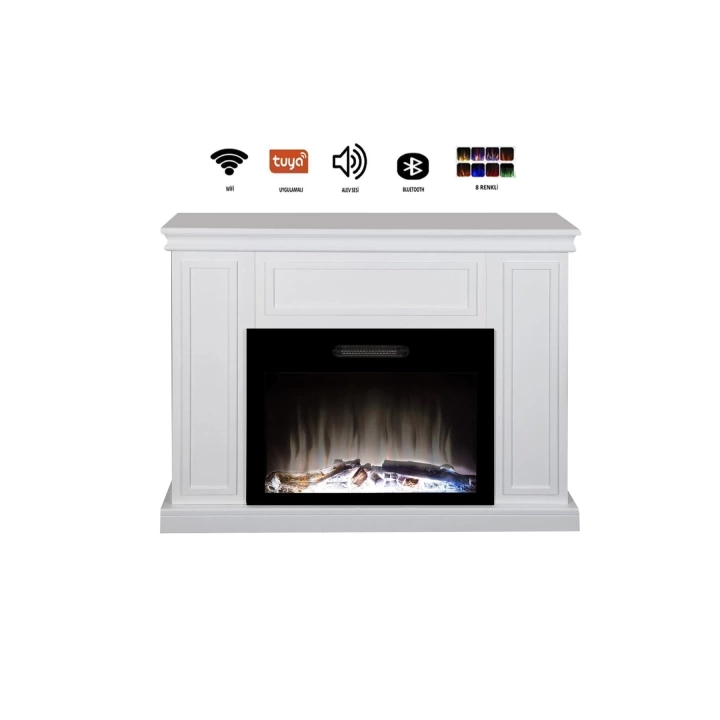 Dekoratif Beyaz Kasalı 118 Cm 8 Renkli Elektrikli Şömine Isıtıcı Bluetooth, Alev Sesi, Wifi