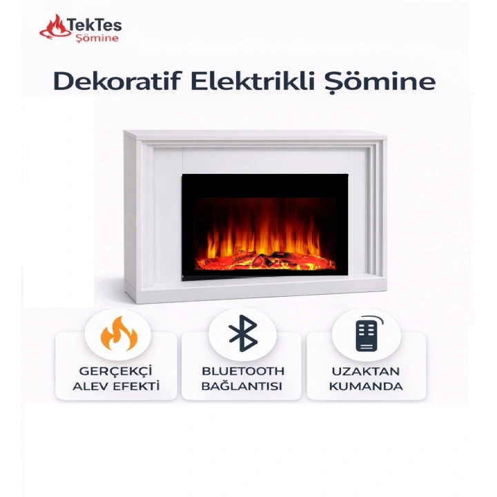 TEK TES 100CM ISITMAZ TEK RENKLİ BEYAZ KASALI BLUETOOTHLU ŞÖMİNE