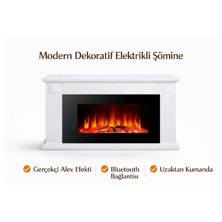 TEK TES 126CM ISITMAZ TEK RENKLİ BEYAZ KASALI BLUETOOTHLU ŞÖMİNE
