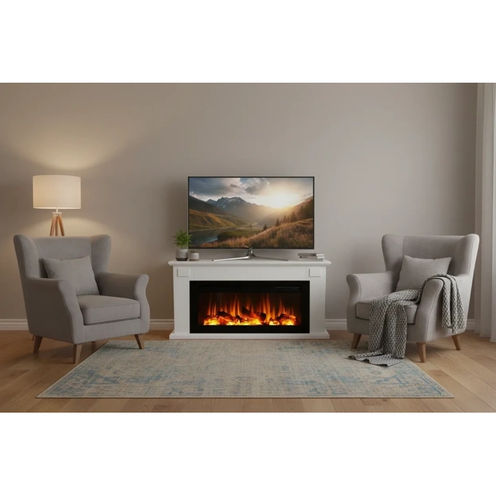 TEK TES 136CM ISITMAZ TEK RENKLİ BEYAZ KASALI BLUETOOTHLU ŞÖMİNE