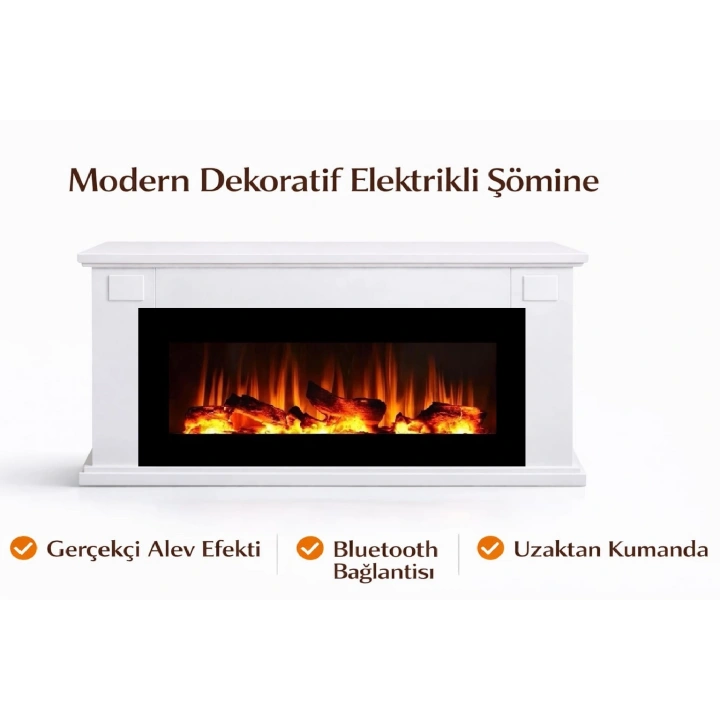 TEK TES 163CM ISITMAZ TEK RENKLİ BEYAZ KASALI BLUETOOTHLU ŞÖMİNE