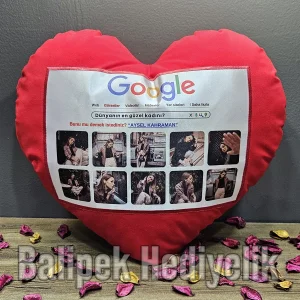 Kırmızı Kalpli Resimli Google Yastık - Dünyanın En Güzel Kadını