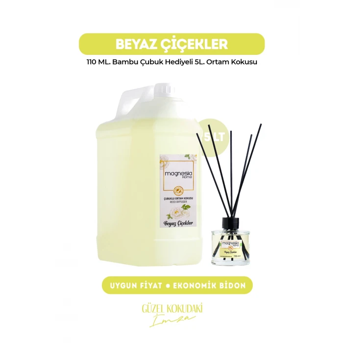 Magnesia Beyaz Çiçekler Çubuklu Oda kokusu 5Lt. Ekonomik Bidon+Sürpriz Hediyeli