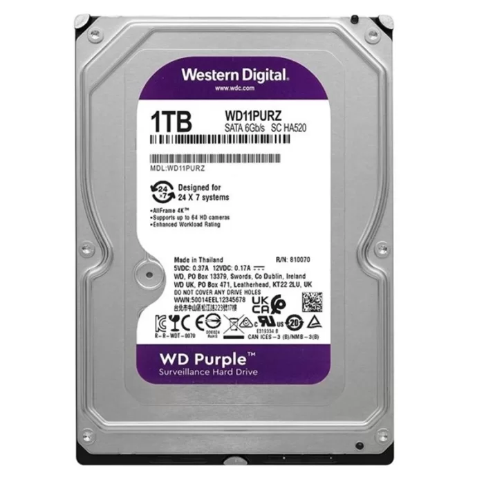 1 TB WD 3.5 PURPLE SATA3 5400RPM 64MB 7/24 GUVENLIK WD11PURZ (3 YIL RESMI DIST GARANTILI)