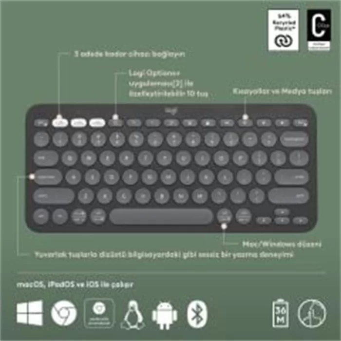 LOGITECH K380S PEBBLE KEYS 2 ÇOKLU CİHAZ ÖZELLİKLİ BLUETOOTH TÜRKÇE Q KLAVYE GRİ 920-011859