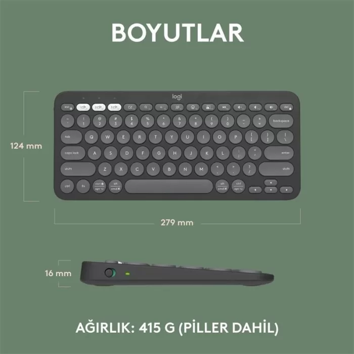 LOGITECH K380S PEBBLE KEYS 2 ÇOKLU CİHAZ ÖZELLİKLİ BLUETOOTH TÜRKÇE Q KLAVYE GRİ 920-011859