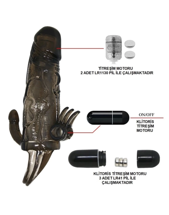 4 cm Uzatmalı Anal Vajinal ve Klitoral Uyarıcılı Titreşimli Penis Kılıfı