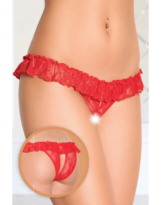 Bacio Fantezi Üstü Fırfırlı Ağı Açık Kırmızı Dantel Tanga - String BC0020