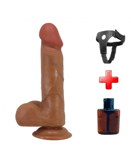 Belden Bağlamalı 21,8 cm Et Dokulu Gerçekçi Çift Katmanlı Silikon Melez Penis - Bahamut