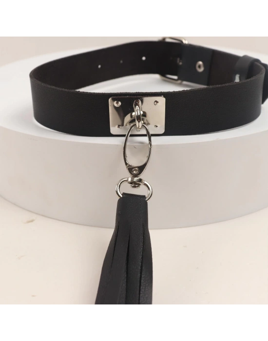 Deri Fırfırlı Choker Harness Kolye Siyah