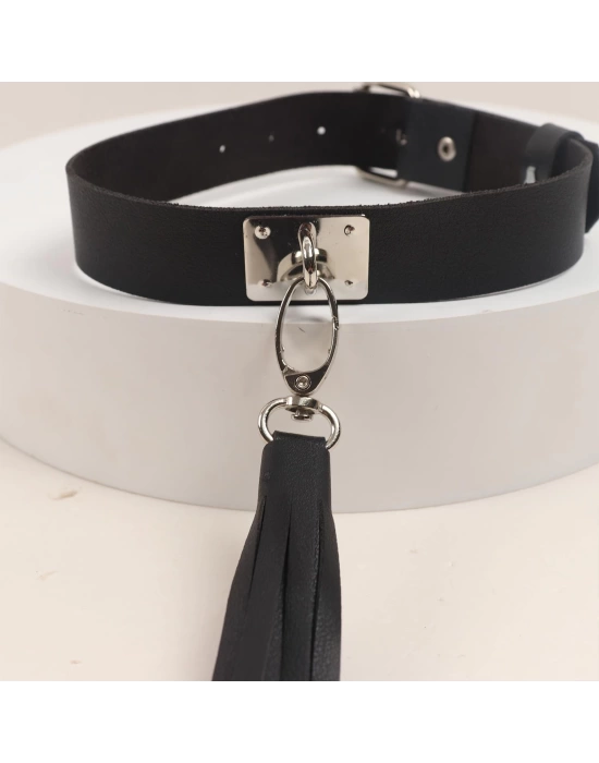 Wossi Deri Fırfırlı Choker Harness Kolye Siyah