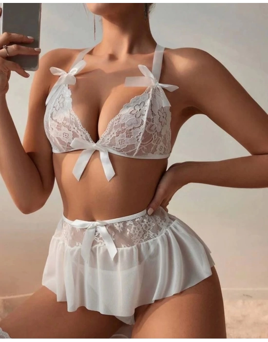 Fantazi Beyaz Dantelli Fiyonklu Seksi Babydol BC9239