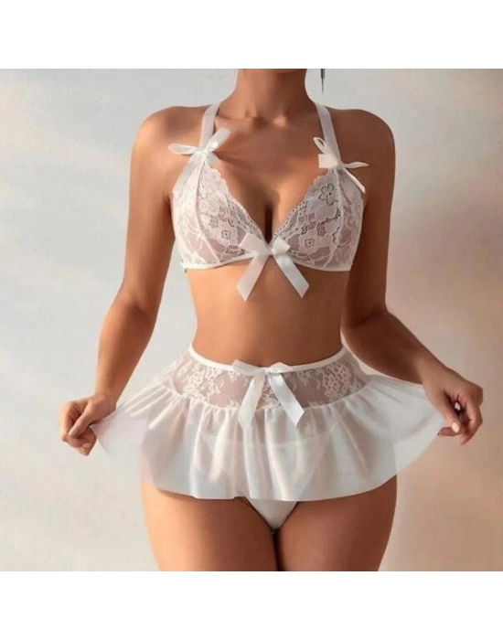 Fantazi Beyaz Dantelli Fiyonklu Seksi Babydol BC9239