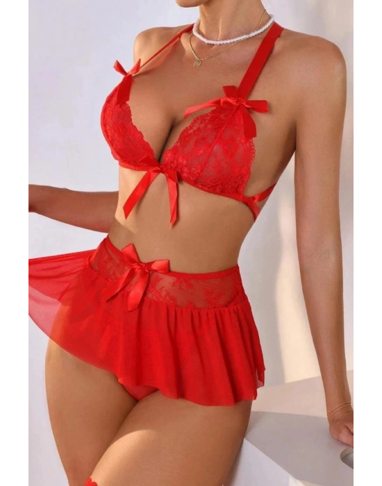Fantazi Kırmızı Dantelli Fiyonklu Seksi Babydol  BC9240