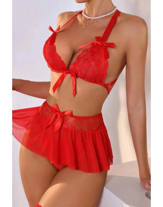 Fantazi Kırmızı Dantelli Fiyonklu Seksi Babydol  BC9240