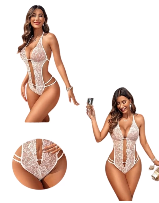 Fantezi Beyaz  Dantelli Zincirli Seksi Babydoll BC9252