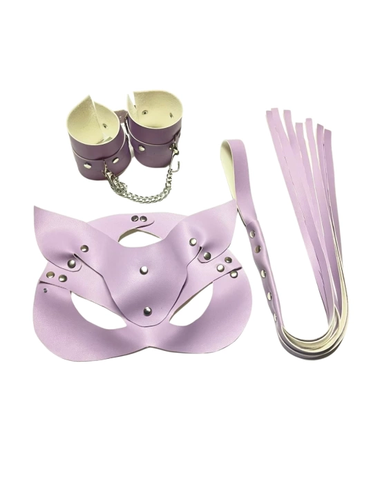 Fantezi Deri Seksi Lila Kedi Maske Kelepçe Kırbaç Seti ( 3’lü set) BC5370