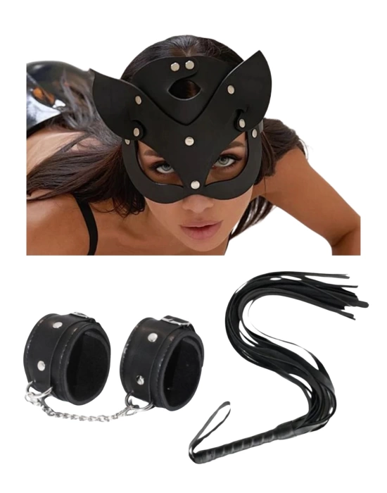 Fantezi Deri Seksi Siyah Kedi Maske Kelepçe Kırbaç Seti ( 3lü set) BC5369