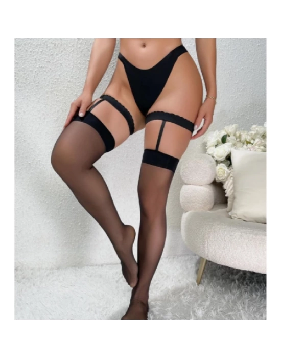 Kadın Siyah Dantel Bacak Bantlı String Jartiyer Çorap Takımı BC0046