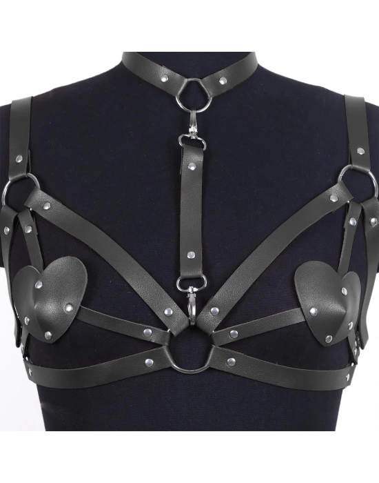 Wossi Kalp Detaylı Deri Vücut Harness Takımı Siyah